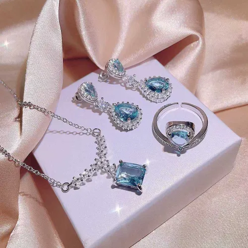 4 Pcs Blue Cubic Zirconia Jewellery Set